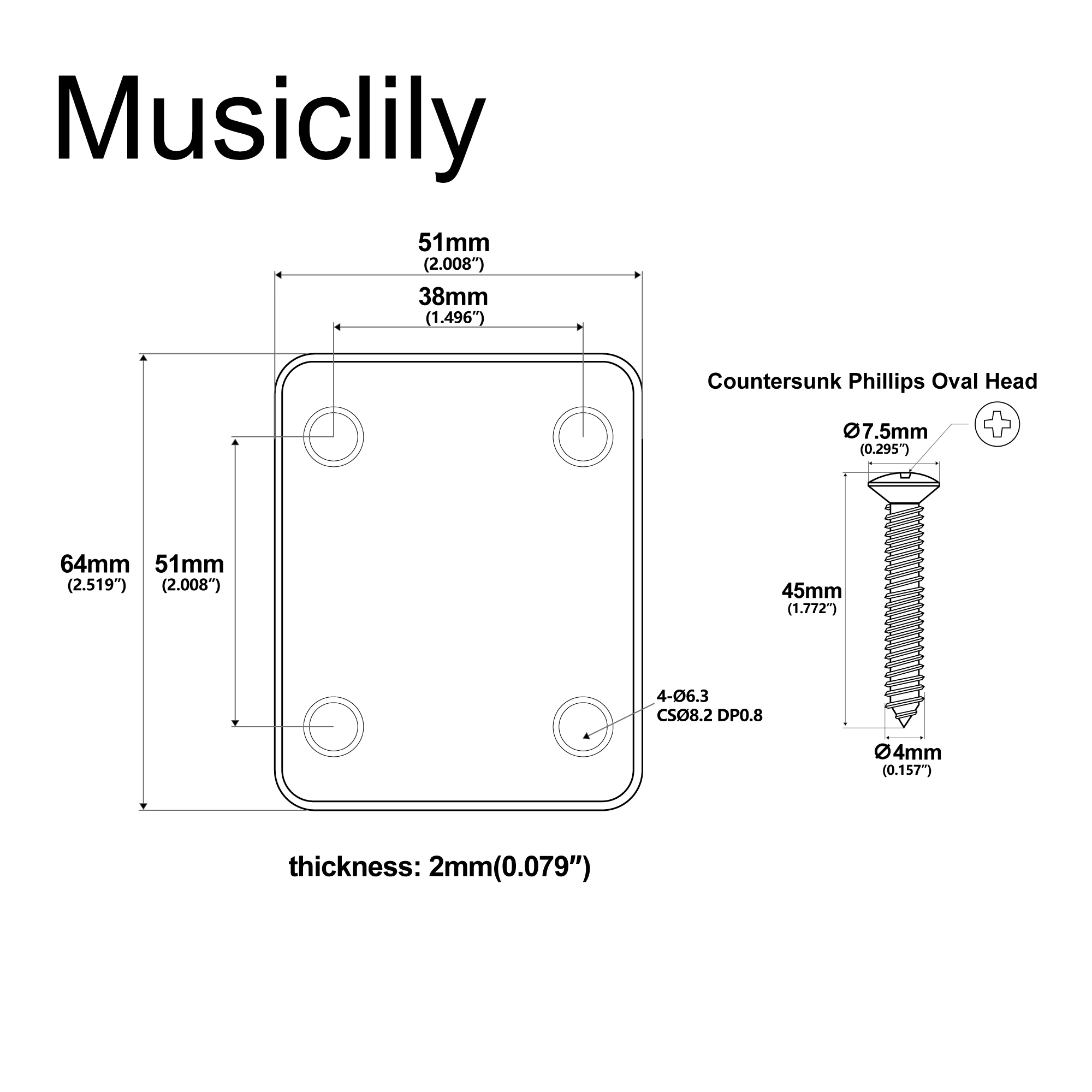 Musiclily Pro Heavy Duty Steel Rectangle Neck Plate 4-hole Neck Joint Board for Guitar Bass