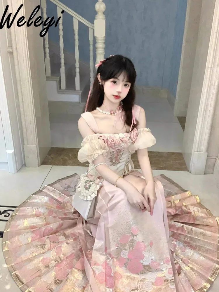 Chinese Style Lolita Set Improved Ming Han Clothing Han Elements Pink Horse-Face Skirt 2024 Daily Summer Clothes 2 Pieces Suit