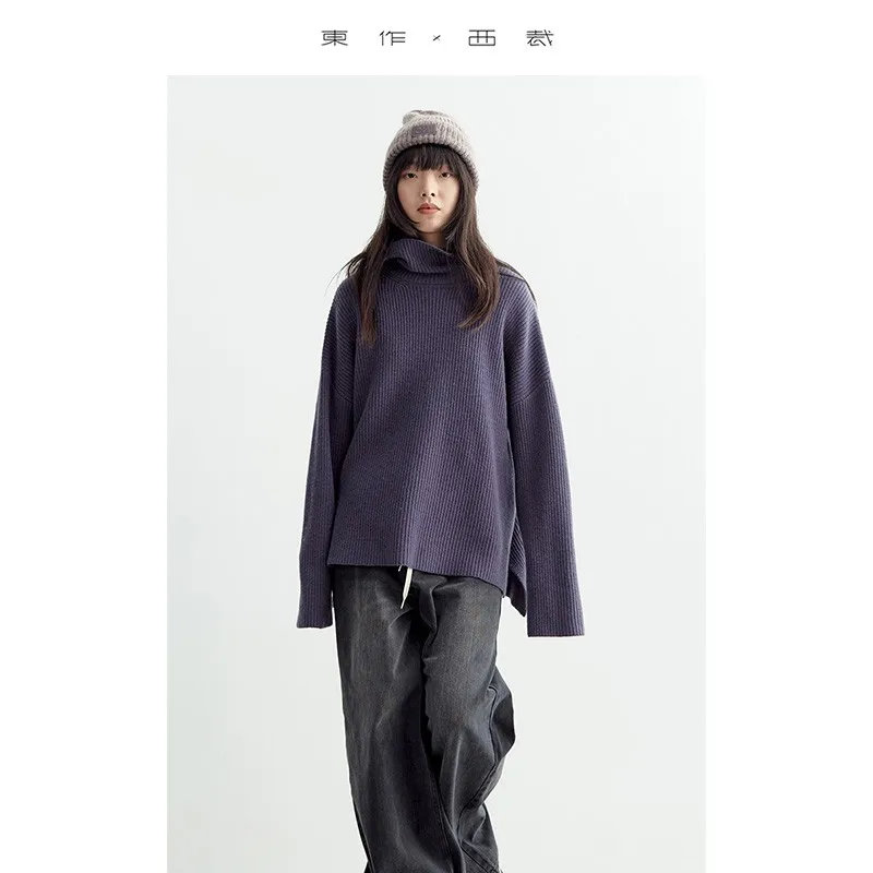 เสื้อไหมพรมขนสัตว์ 100% ที่ได้รับแรงบันดาลใจจากการออกแบบ ~ เสื้อสเวตเตอร์คอสูงแบบหนาพิเศษ ทรงหลวมความยาวปานกลาง สไตล์ลำลอง รุ่นใหม่สำหรับฤดูใบไม้ร่วงและฤดูหนาว