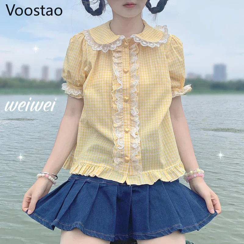 Blusas japonesas de estilo dulce Lolita para niñas, lindas camisas de encaje con volantes y mangas abullonadas a cuadros JK, Blusas Kawaii de estilo Preppy para Mujer X