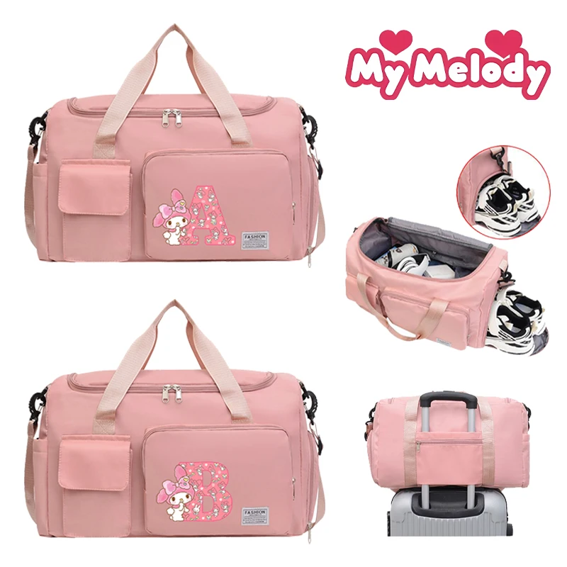 سانريو ميلودي كارتون حمل حقيبة سفر سعة كبيرة صندوق تخزين ملابس أكياس الصالة الرياضية واق من المطر مع مقصورة الأحذية حقيبة يد محمولة