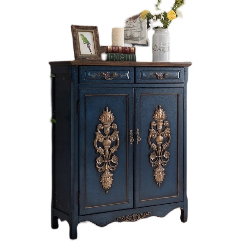 #Factory wholesale American shoe cabinet two buckets two door cabinet retro old blue solid wood storage locker carved furniture