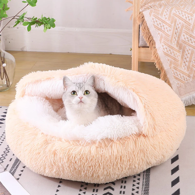 2024 New Half-Enclosed Cat Bed Deep Sleep Semi-Enclosed Cat Bed Dual-Purpose Pet Mat Plush Round Pet Bed