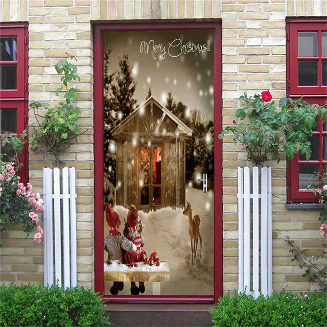 Christmas Door Stickers Mural Santa Claus Tree Self Adhesive Happy New Year Nativity of Jesus Poster Xmas Decoration Wallpaper