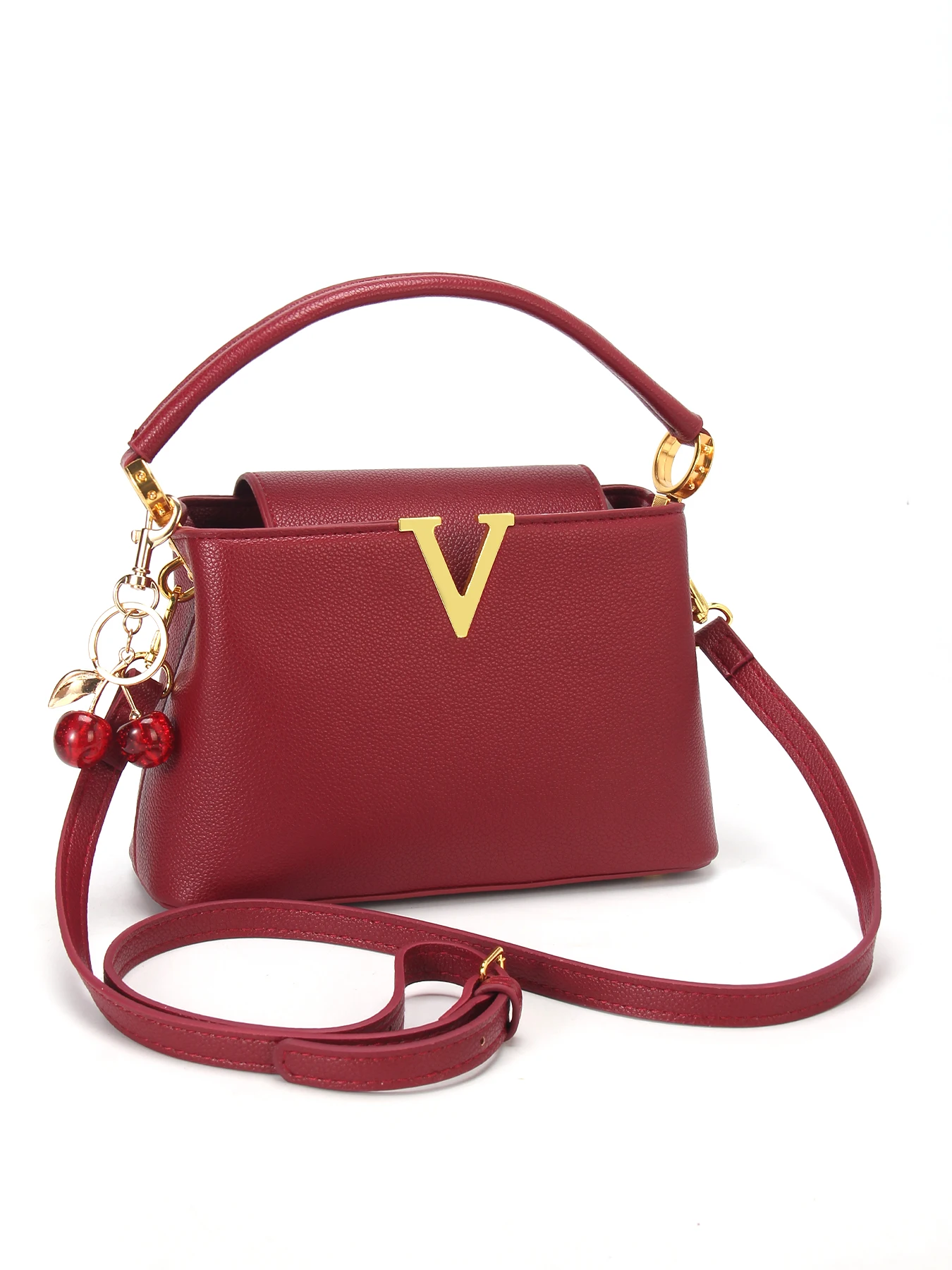 

Women's Cherry Charm Handbag, Wine Red Luxury V-Metal Decor Crossbody Bag, Litchi Grain Top Handle Small Square Shoulder Bag