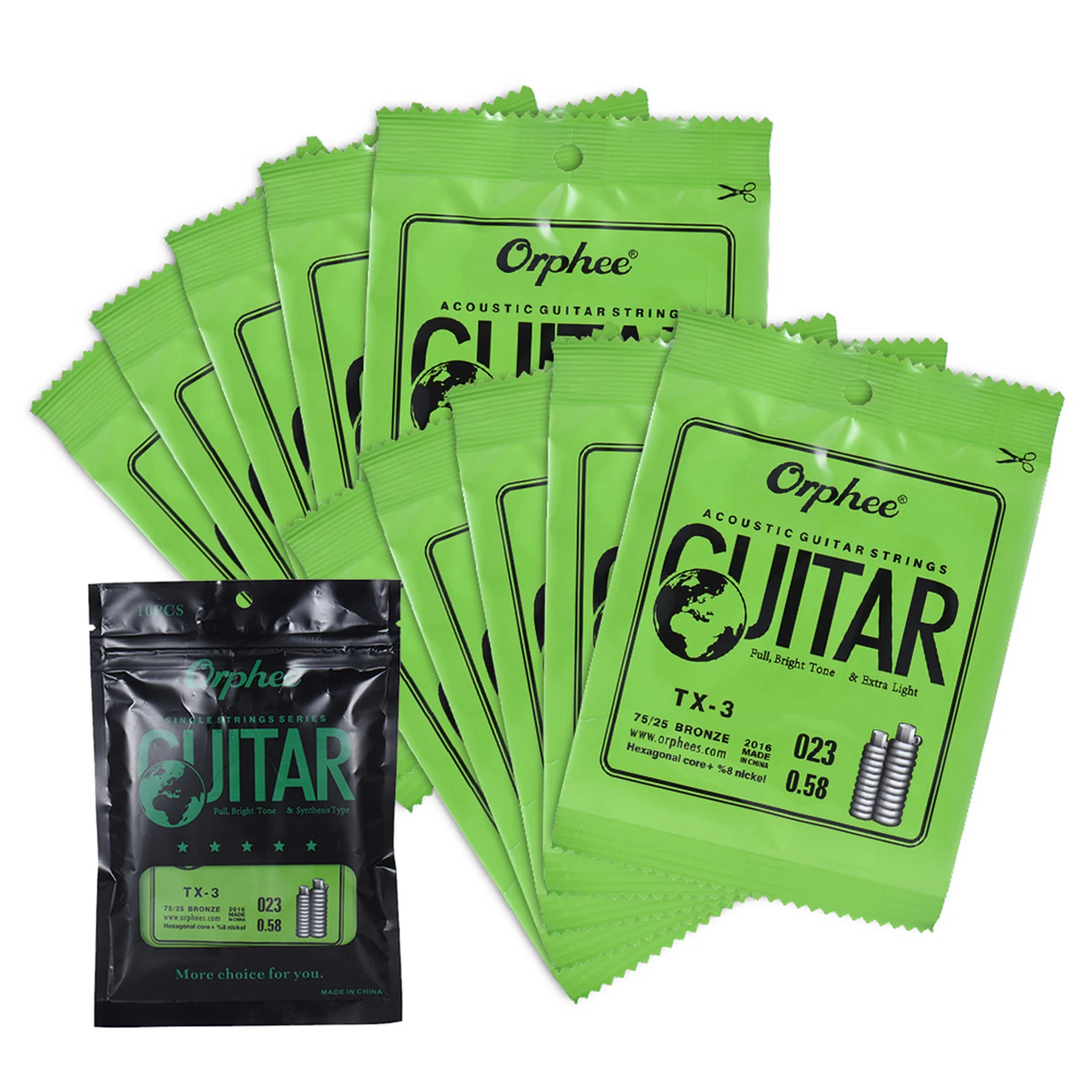 Orphee TX-2 Single String Replacement for Acoustic Folk Guitar 2nd B-String (.014) 10-Pack High-carbon Steel Core 75/25 Phosphor