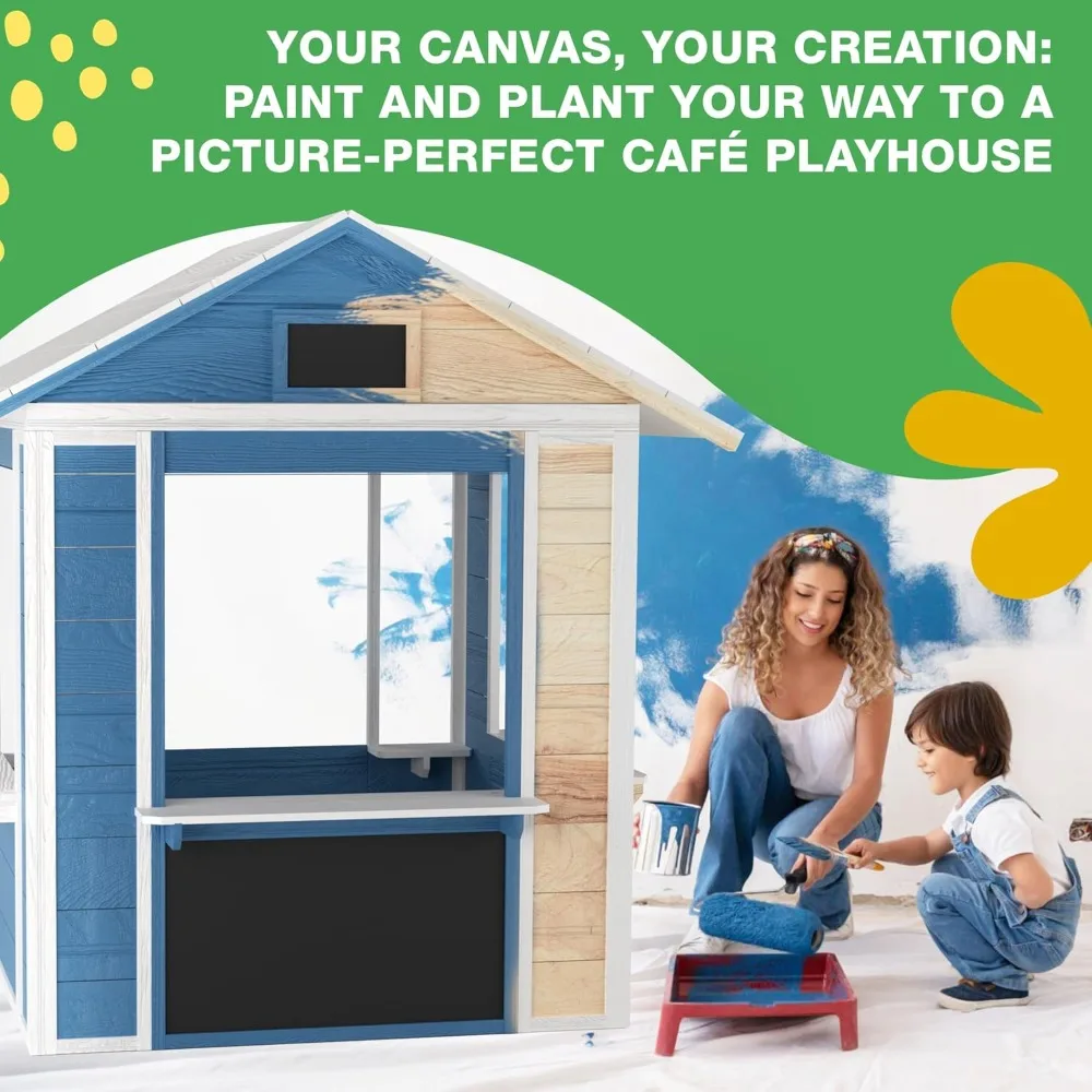 Wooden Outdoor Playhouse, Play Pretend Cafe Restaurant Open-Concept Design, Indoor/Outdoor Playhouse