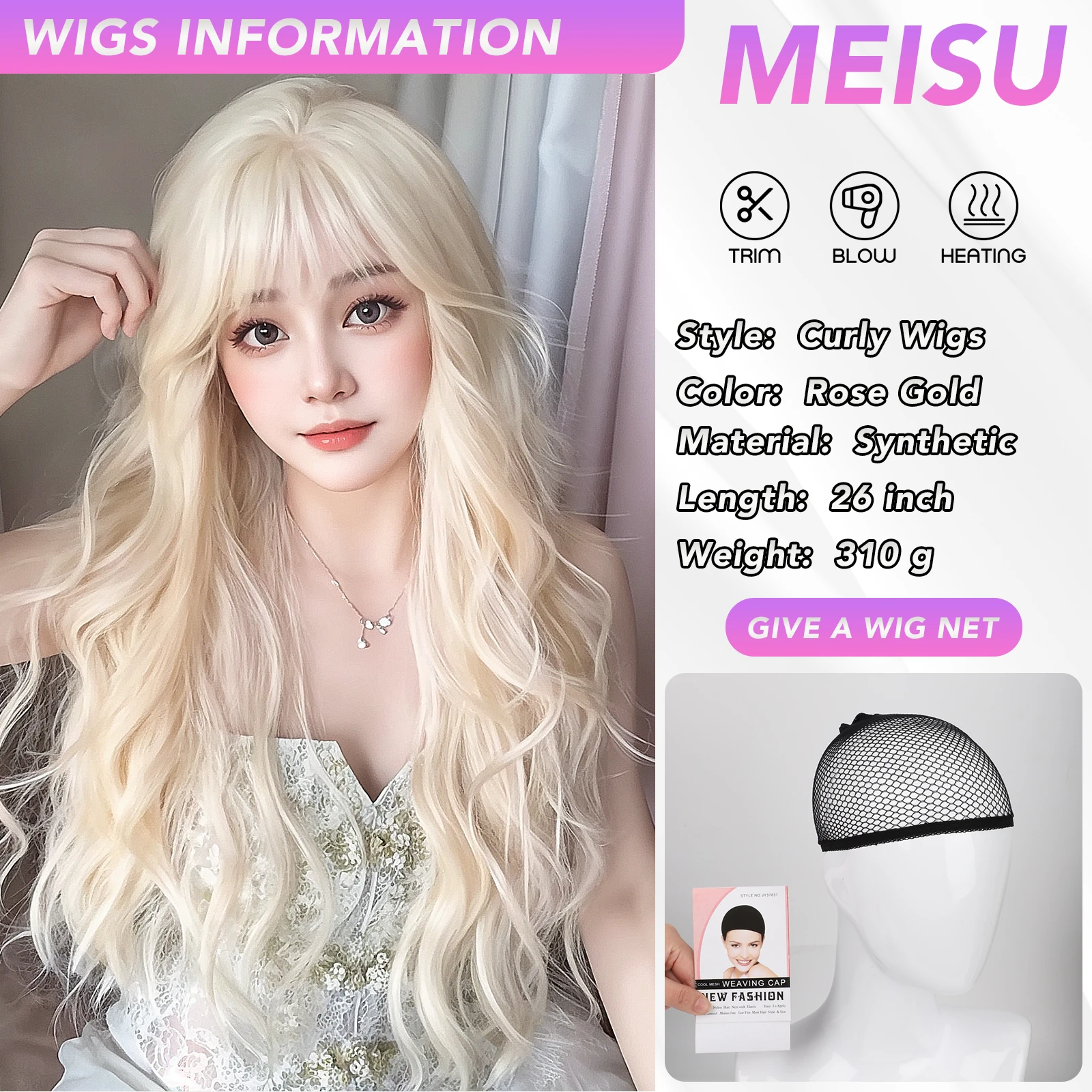 MEISU 26 Inch Synthetic Water Curly Wave Wigs Air Bangs Hair PLATINUM Heat-Resistant Natural And Smoot Daily Wear For Women