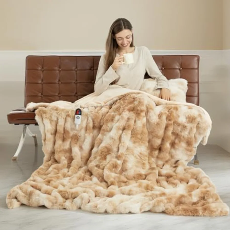 

Faux Fur Heated Throw Blanket for Couch - 50"X60" Bubble Faux Fur Electric Blanket Fluffy Fuzzy Soft Thick with 6 Fast Heating