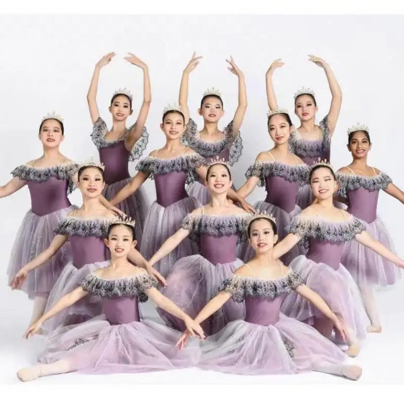 Jupe de Ballet pour Enfants, Vêtements de Performance, Violet, Robe Tutu, Compétition Spéciale, brev, Longue, en Gaze, pour Femme Adulte