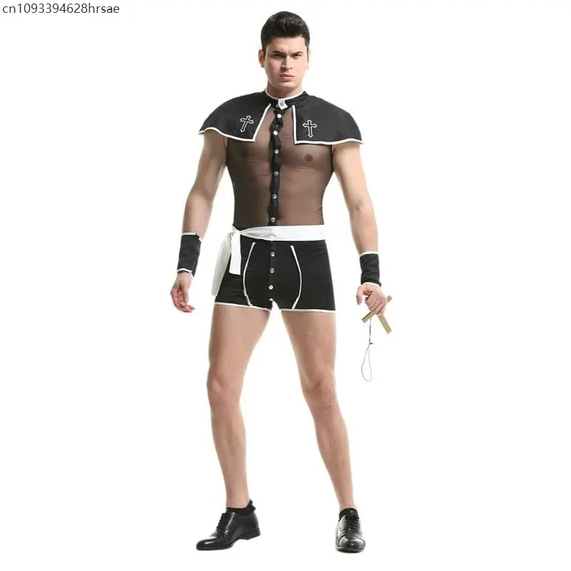 남성 섹시 메쉬 사제 코스프레 유니폼 세트 게이 바 역할극 목사 부활절 카니발 할로윈 공연 댄스 의상