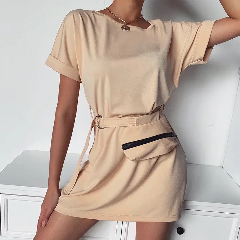 

2024 Summer New Fashion Casual T-shirt Dress Women's O Neck Short Sleeve Sashes Dresses Homewear White Solid Color Free Bags