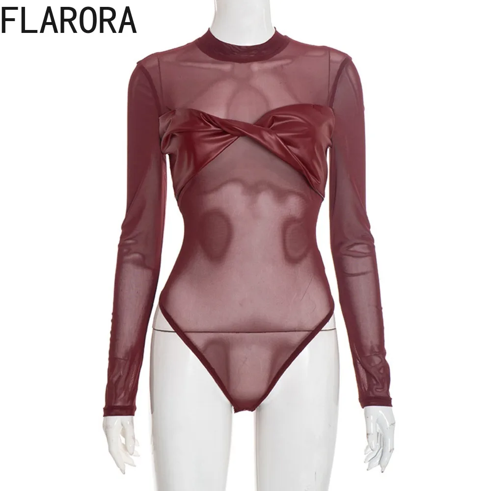 FLARORA Sexy Pu Leather Nodo Patchwork Body Donna Girocollo Manica lunga Maglia Vedere attraverso Tute Party Clubwear Body