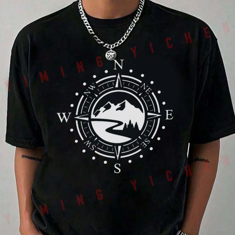 

Men'S Black T-Shirt with Compass Rose & Wolf Graphic Print Moto TShirt Summer Short Sleeve Casual Fashion Unisex Top Tee 2026