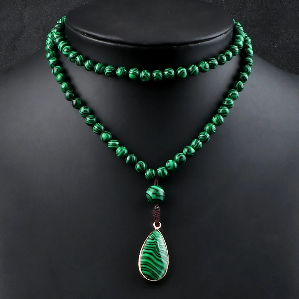 108 Mala Beads Necklaces Fashion Stone Drop Pendant Green Malachite Handmade Knotted Necklace for Women Men Prayer Neck Jewelry