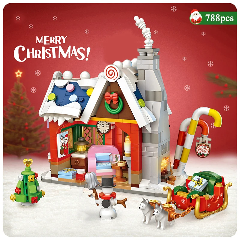 Christmas House 3D Model Building Blocks Santa Claus Tree Snowman Sleigh DIY Set Mini Bricks Children\'s Toys Gifts for Girls