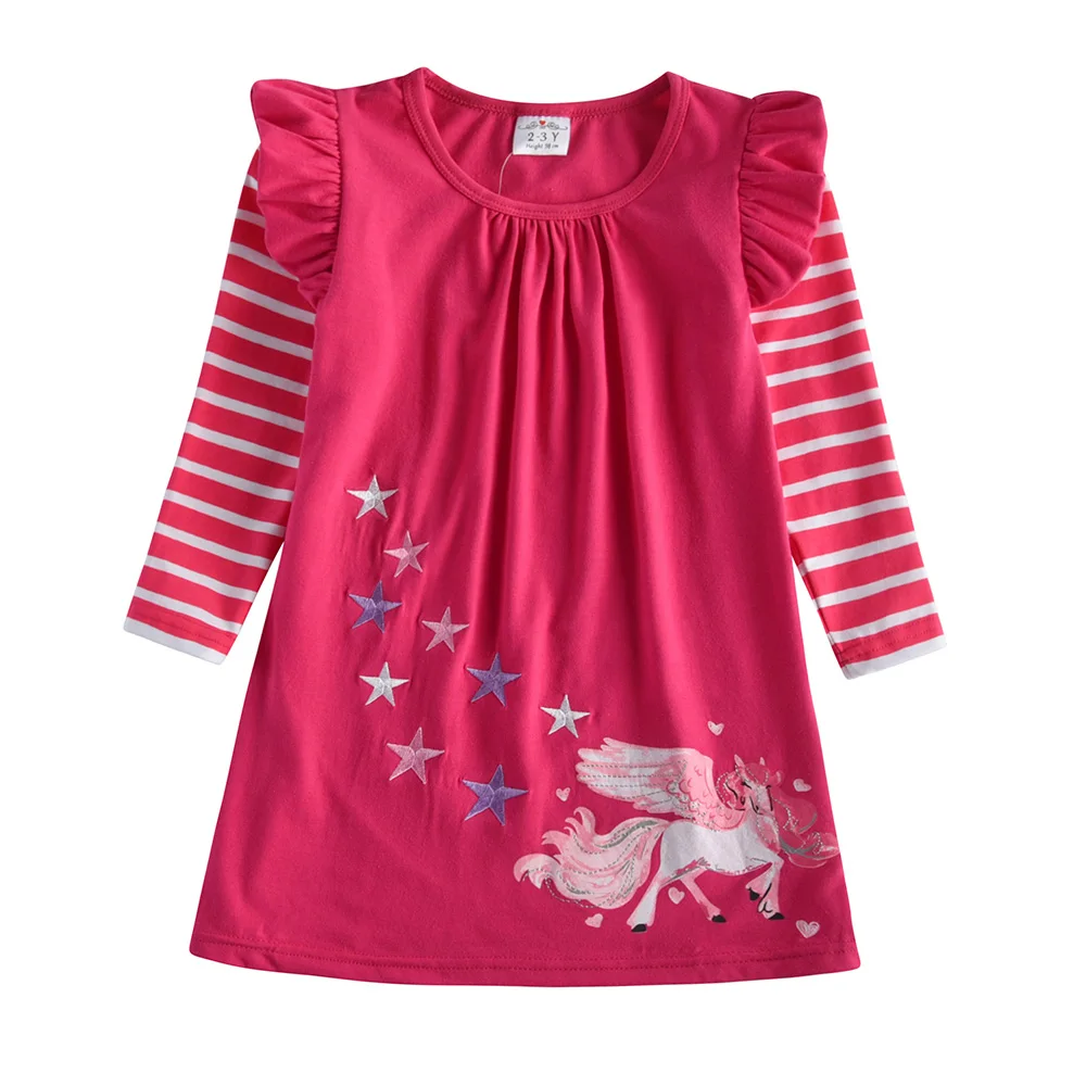 VIKITA Girls Flare Sleeve Autumn Spring Dress Kids Licorne Print Striped Dress Girls Cotton Casual Daily School Straight Dresses — zdjęcie 3
