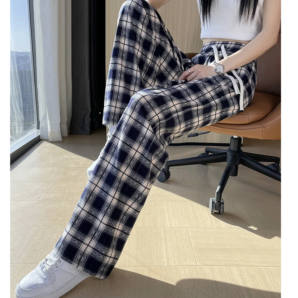 

European style checkered wide leg straight leg pants for women's autumn new high-end fashion plus size elastic waist casual pant