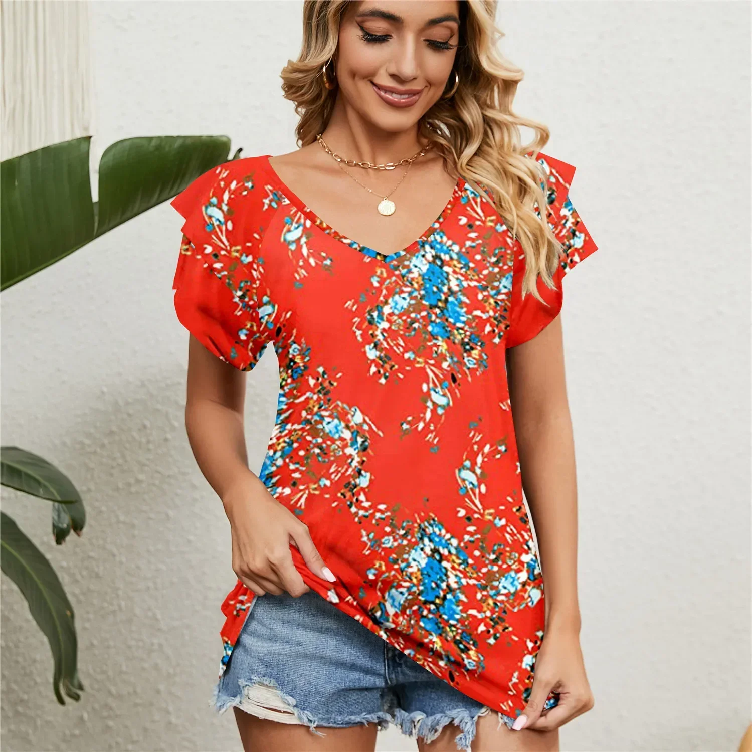 Woman Clothing T-shirt Women's Floral Tops Cute Chiffon Blouse T Shirt Short Butterfly Sleeve Female Clothes for Women