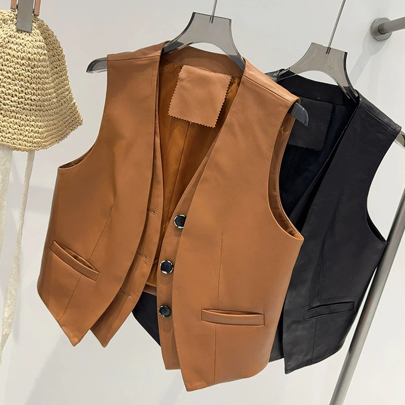 

2025 New Real Sheepskin Waistcoat Vest for Women Fashion Fake Two Pieces Single-breasted V-neck Female Real Leather Vest Tops