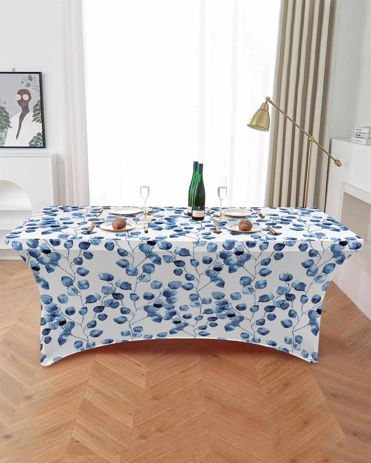 Blue Watercolor Leaves Elastic Table Skirt Wedding Birthday Table Decoration Table Skirt Tablecloth for Party