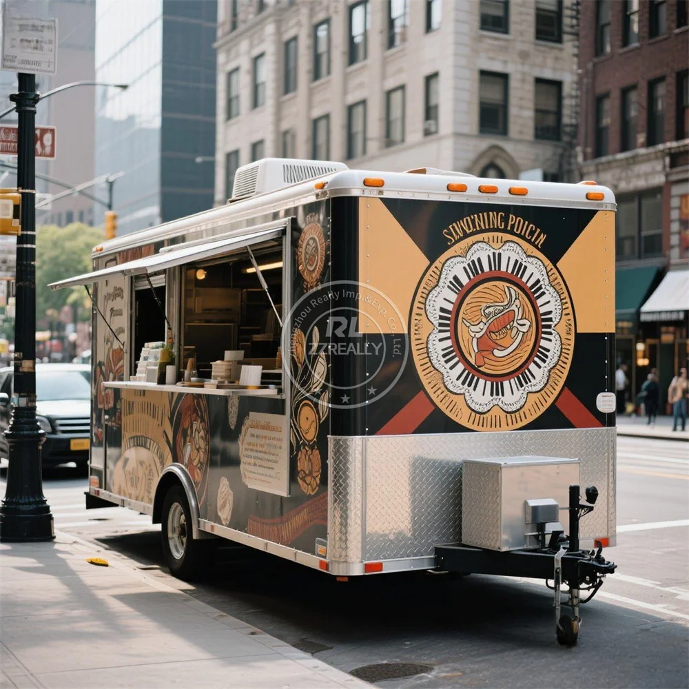 

Квадратная тележка для еды. Концессионный мобильный прицеп для еды из нержавеющей стали с полным кухонным оборудованием.