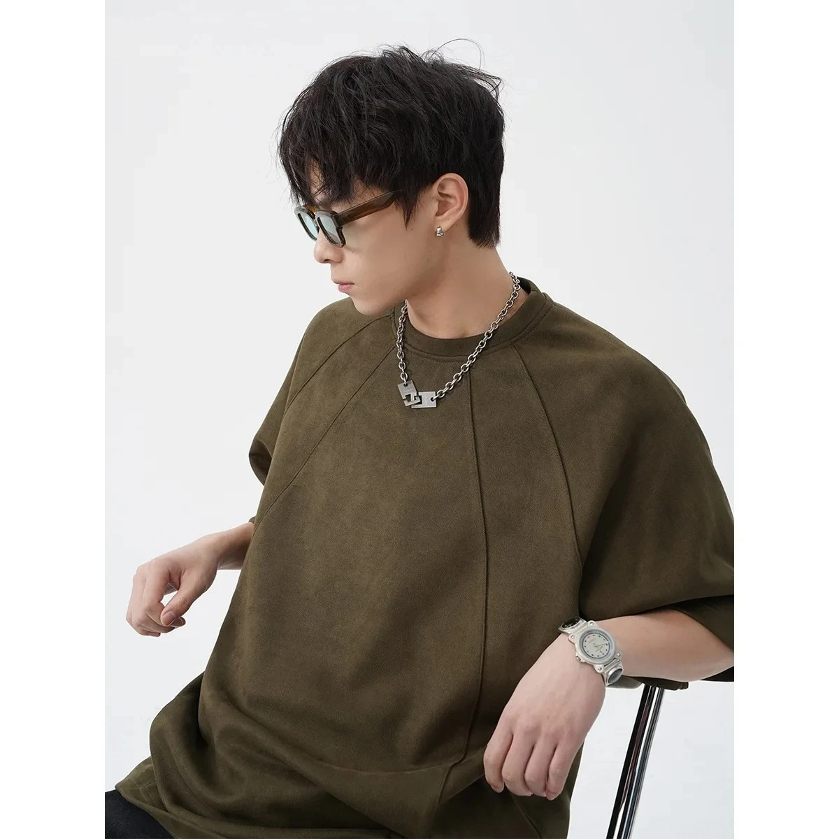 

American Fashion Street Suede Short-sleeved Men's Summer Retro Splicing Design Sense Couple T-shirt High Street Loose T-shirt