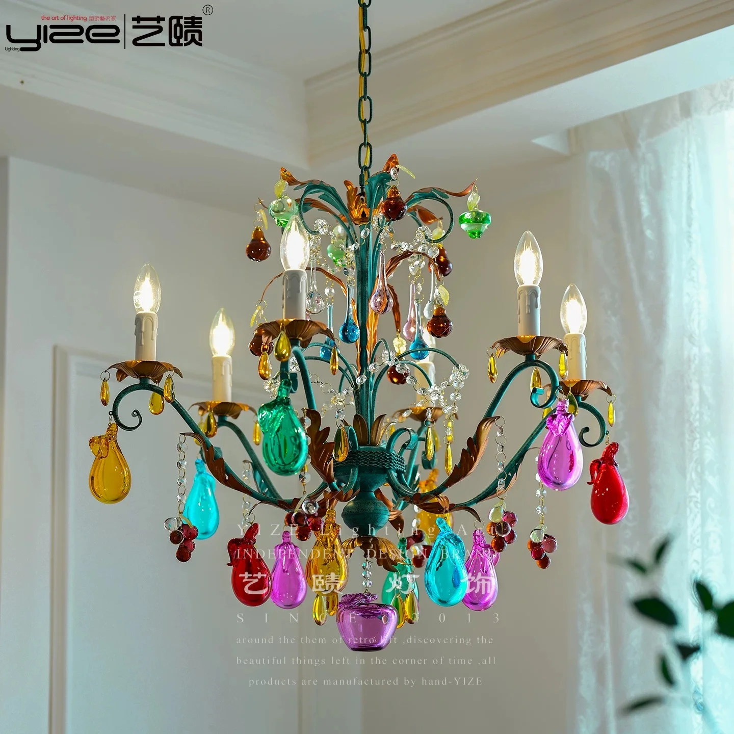 French pendant light, colored art glass, fruit, living room, dining room, bedroom, vintage candle hanging lamp