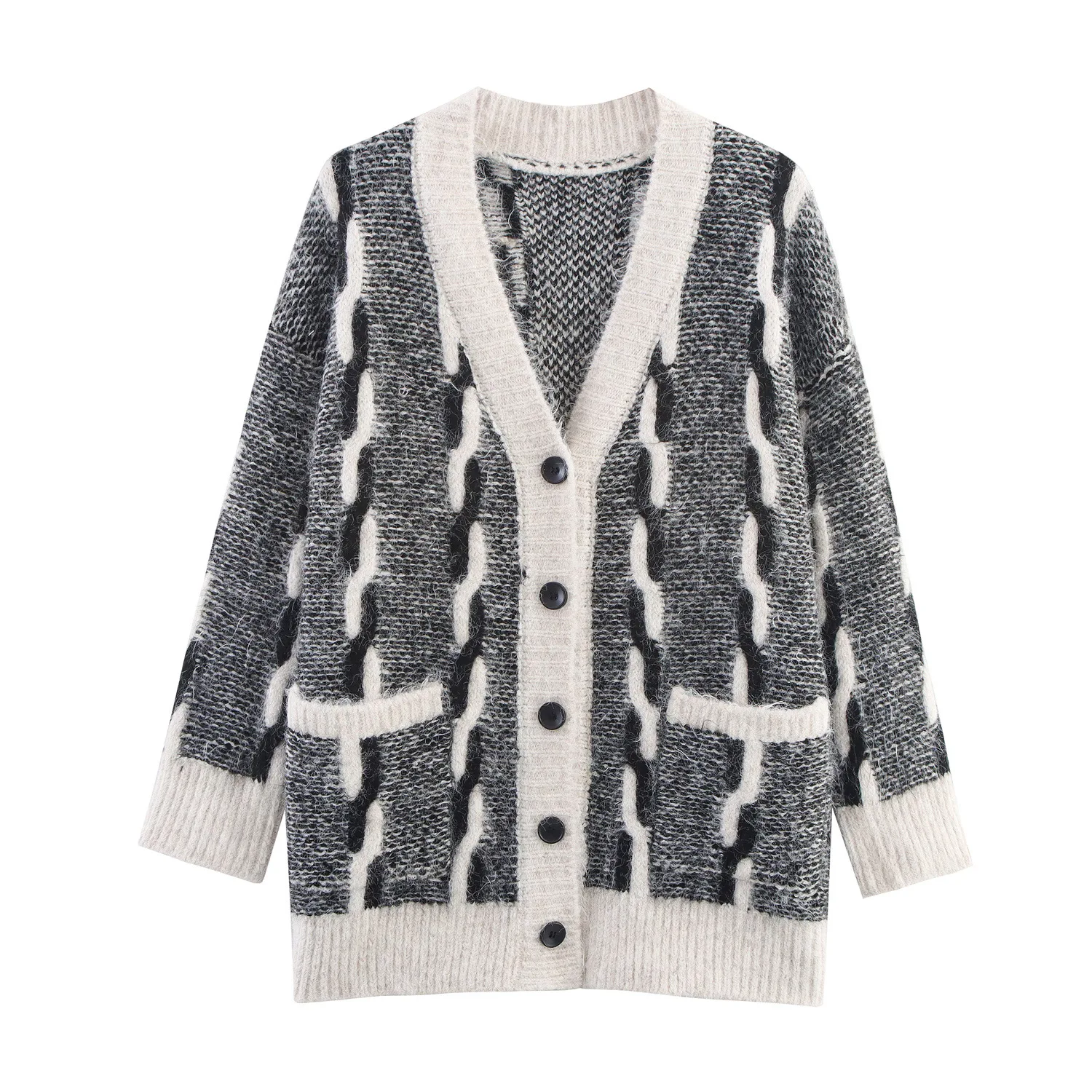 

Women's Knitted Long Sleeve V-Neck Cardigan Sweater Autumn New Style Color Block Twist Knitwear Outerwear Fashion Trend