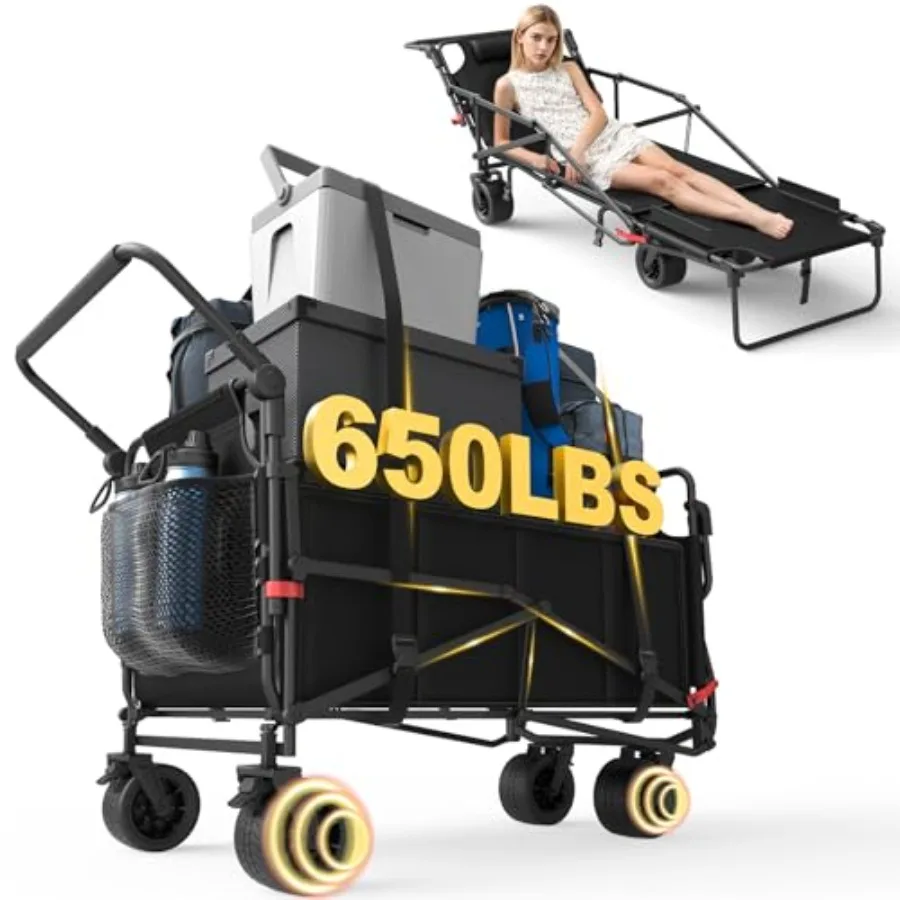 

Heavy Duty Folding Wagon for outdoor hauling steel frame black 650lb capacity all-terrain wheels with brakes and side pockets
