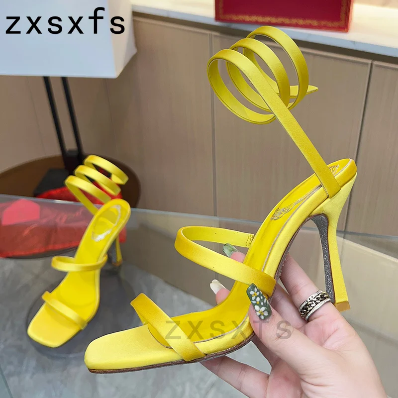 

Summer Square Toe Ankle Snake Strap Sandals Women Quality Satin High Heel Party Shoes Runway Gladiator Sandals Women