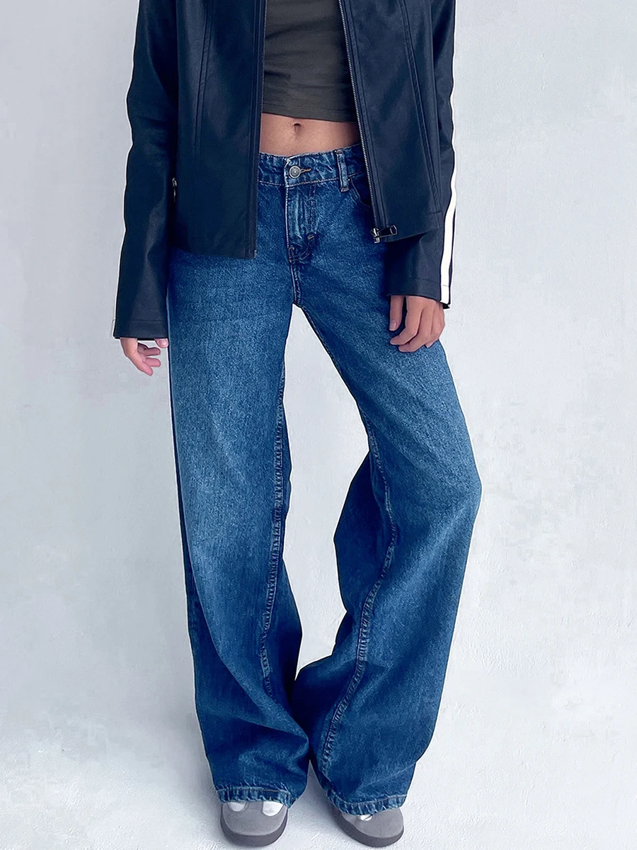 Damen-Jeans mit weitem Bein und mehreren Taschen, übergroße, boden lange Knöpfe und mit Reiß verschluss gewaschene Jeans hose