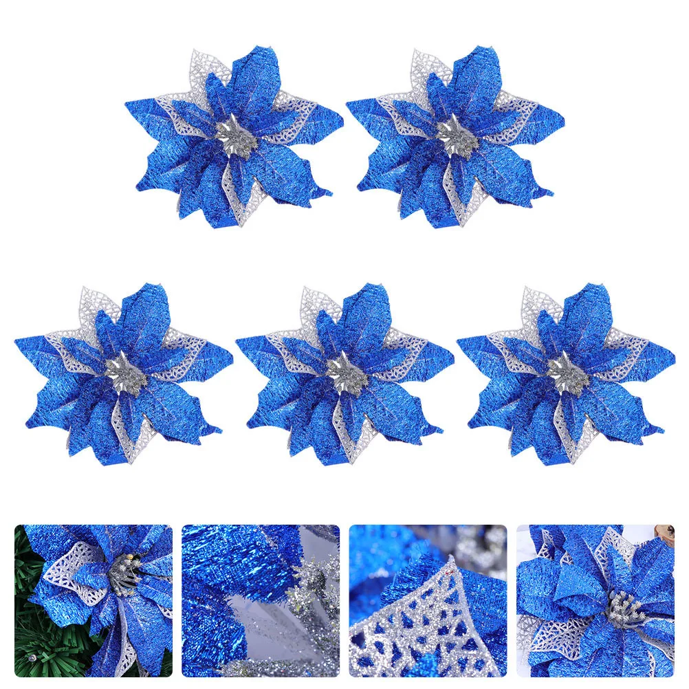 

5Pcs Christmas Simulation Flowers Glittering Artificial Flower Decorations Wedding Party Home Decor Christmas Tree Supplies