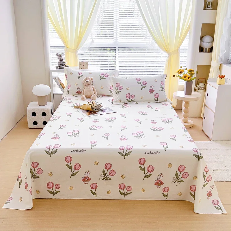 Pink Flower Bunny Pattern Bed Sheet Set 100% Cotton Bedding Set Soft Skin Friendly Breathable Bedspread with 2 Pillowcases