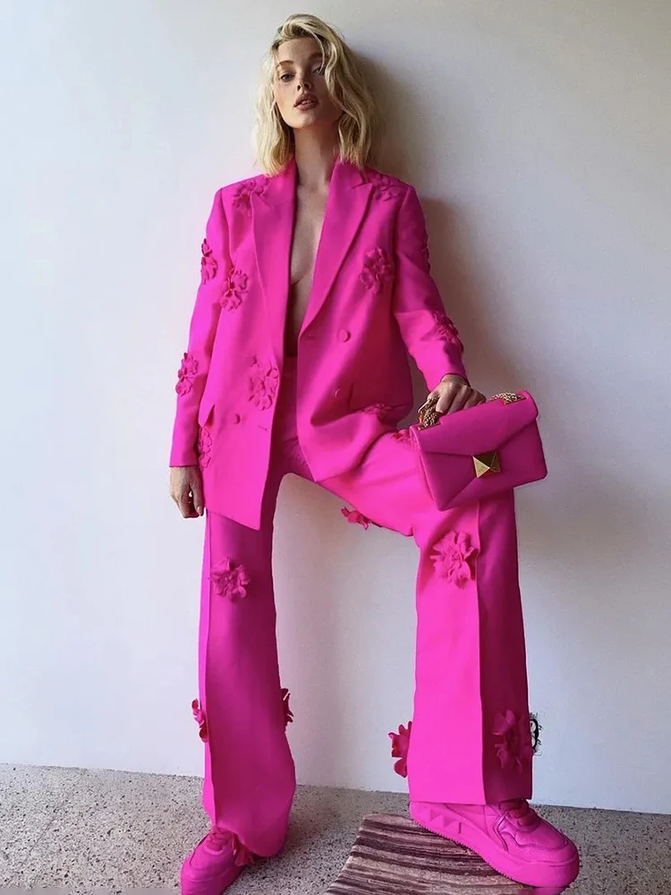 VC 2023 Spring Fashion Pant Sets Women Long Sleeve Pretty Flowers Appliques Designer Blazer Two Piece Set Work Wear