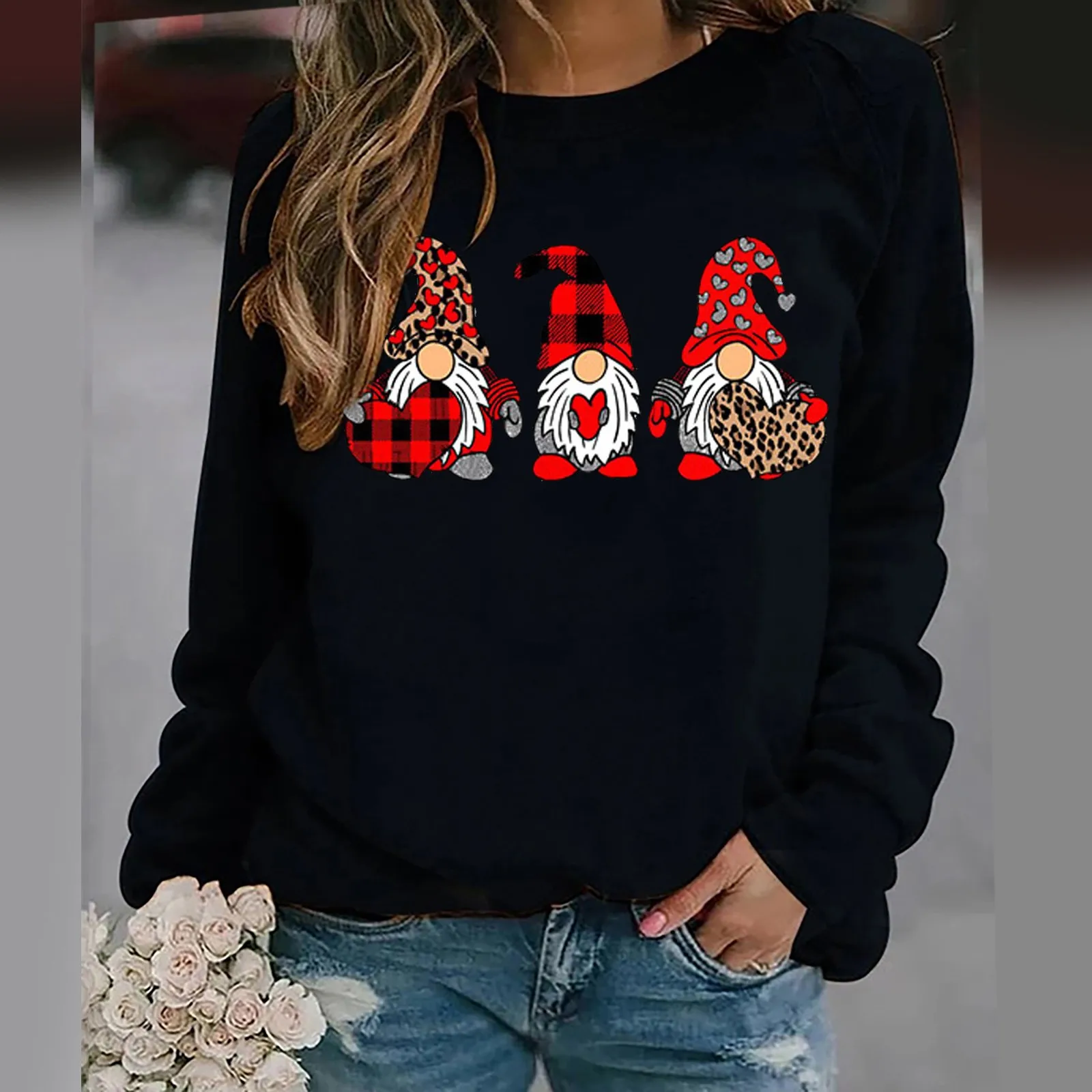 Cute Cartoon Goblin Print Valentine Sweatshirt Women Long Sleeve Round Neck Loose Hoodie Y2k Fashion Sweet Pullover Hoodies Tops