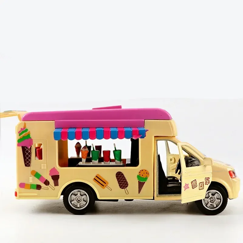 1:32 Simulatie Ijs Truck Food Truck Winkel Speelgoedlegering Model Geluid En Licht Auto Pull-Back Voertuig Kinderen Baby Cadeau