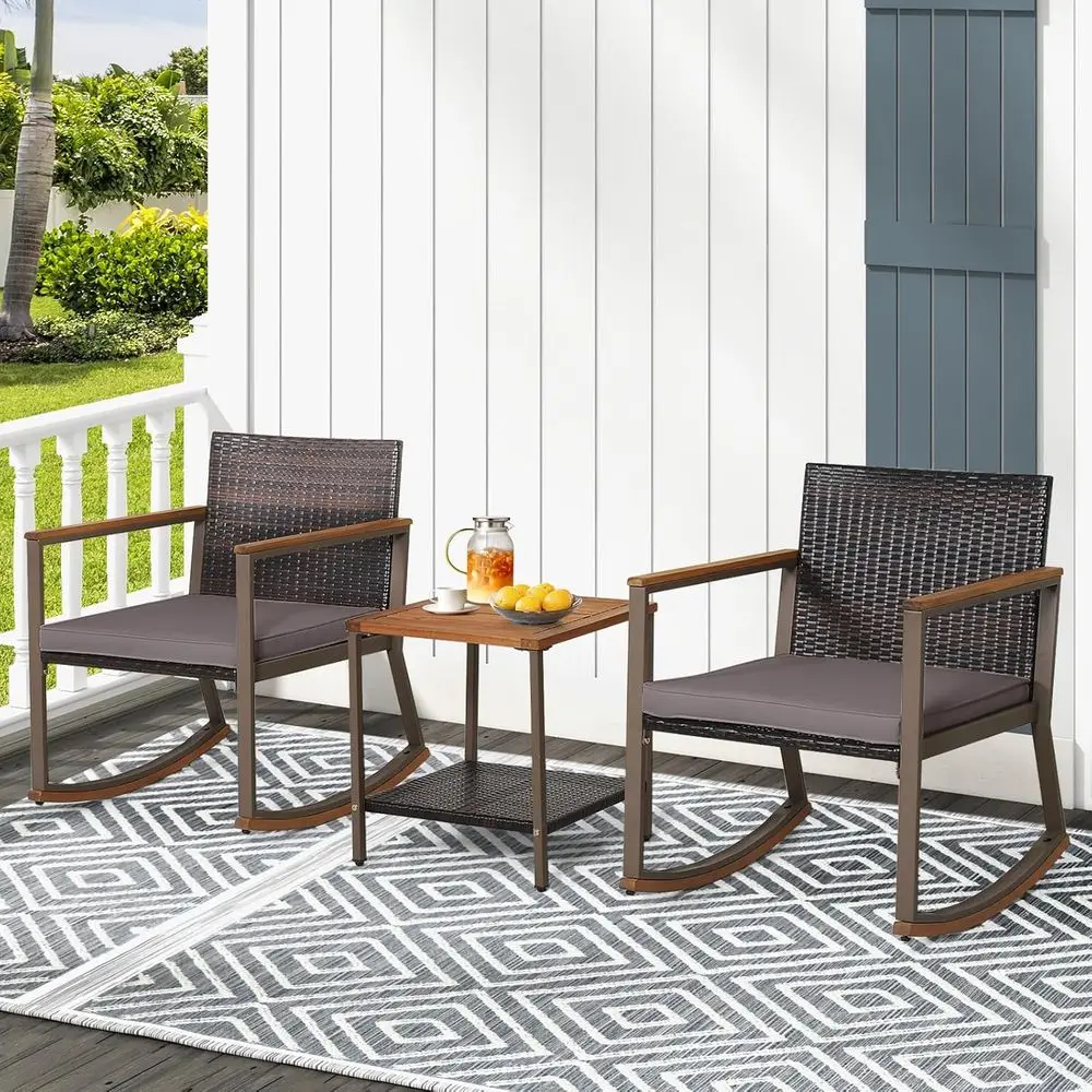 

Outdoor Rocking Chair Set, 3 Pieces Patio Set Rocking Chair with Coffee Table & Cushions, Patio Wicker Furniture Set Outdoor Bis