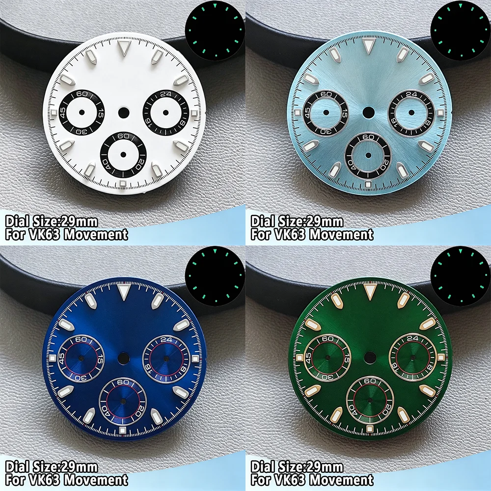 29mm VK63 Dial Panda Dial C3 Green Luminous Chronograph Dial For VK63 Movement Fit For Daytona High Quality Watch Sterile Dial