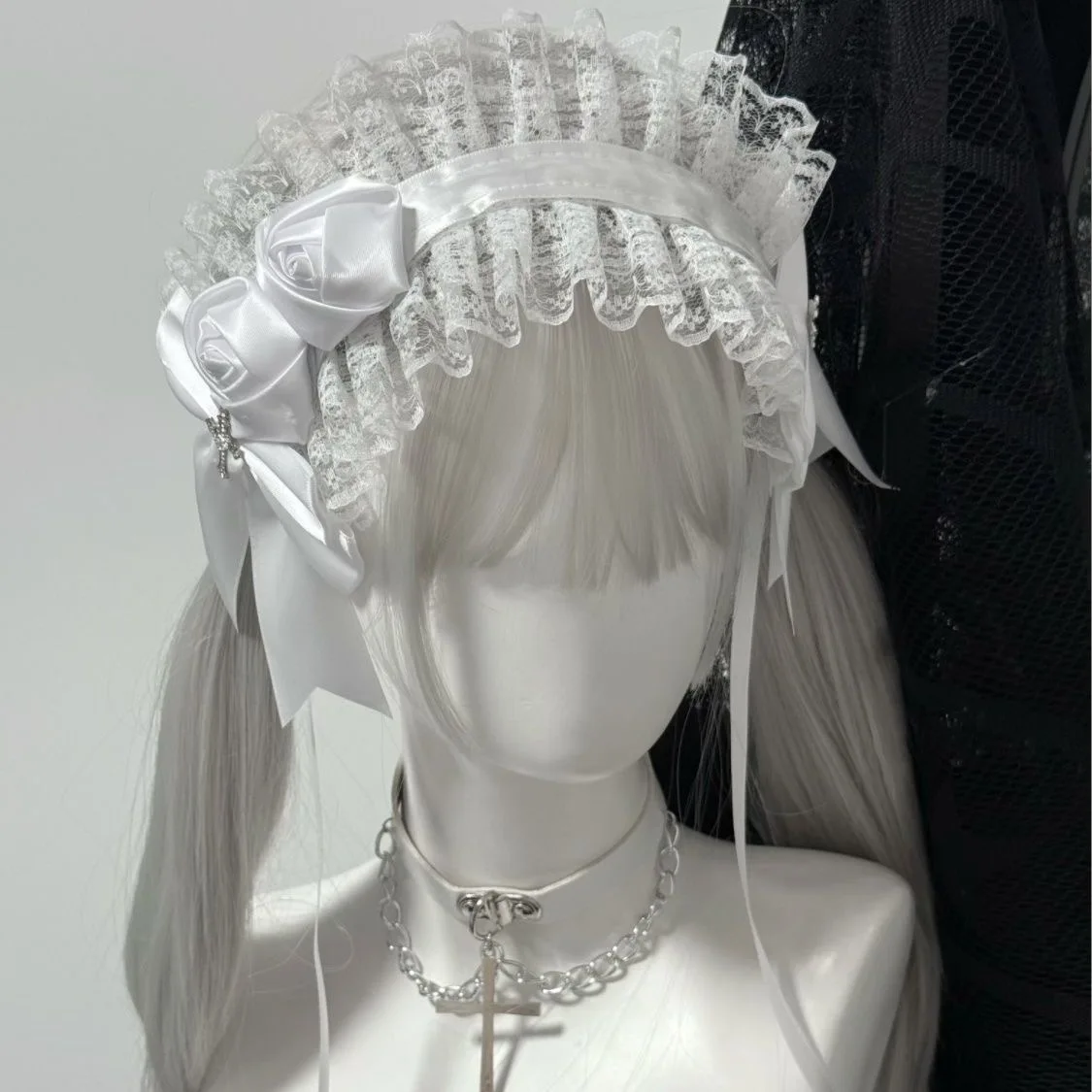 Gothic Black White Handmade Rose Lolita Headband Lace Big Bow Y2K Cross Hair Decorations Headdress