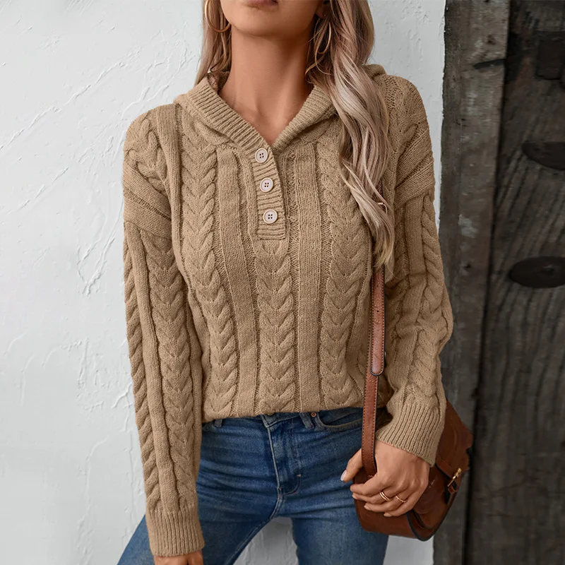 Hooded Pullover Thick Sweater Women's Autumn And Winter Button Fried Dough Twists Knit Shirt Top Women