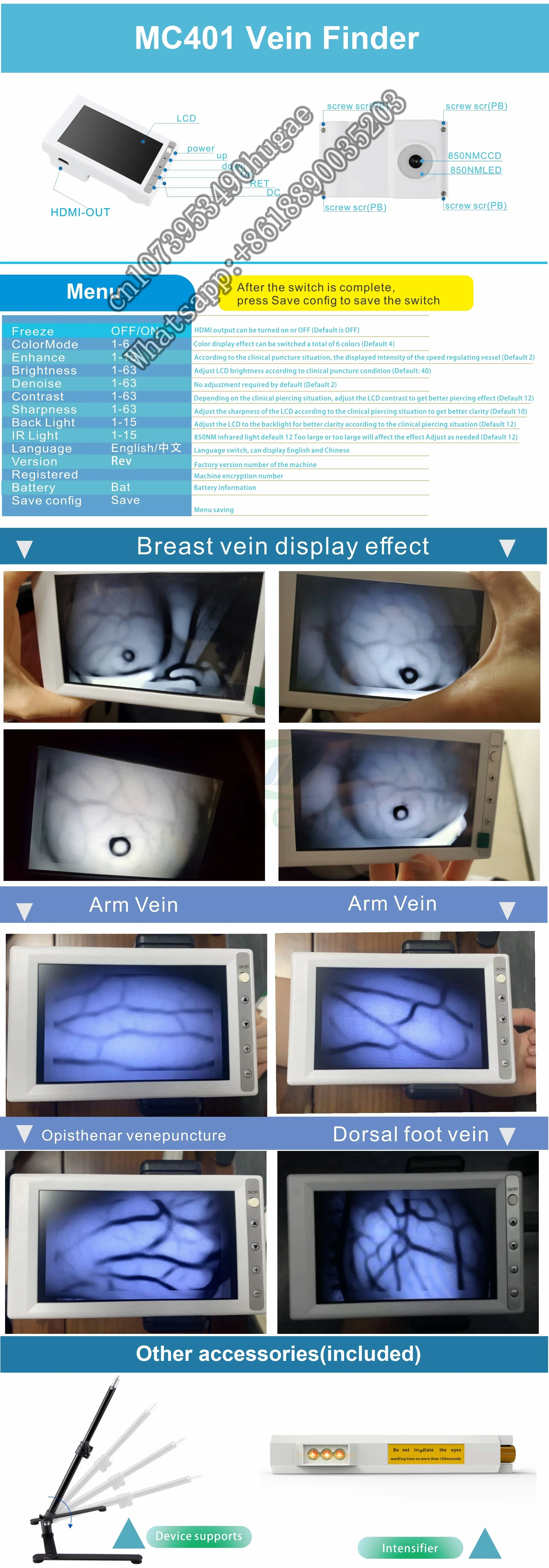 MC401 Factory low price Lcd display no radiation portable vein finder for hands and arms