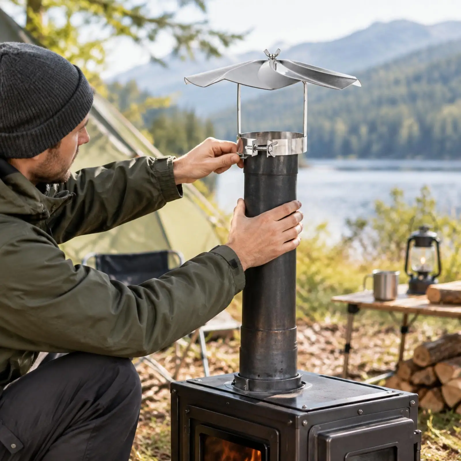 Stainless Steel Chimney Top Rain Cover with Vertical Support Rods and Butterfly Nut for Outdoor Cooktop Camping Flue Pipe