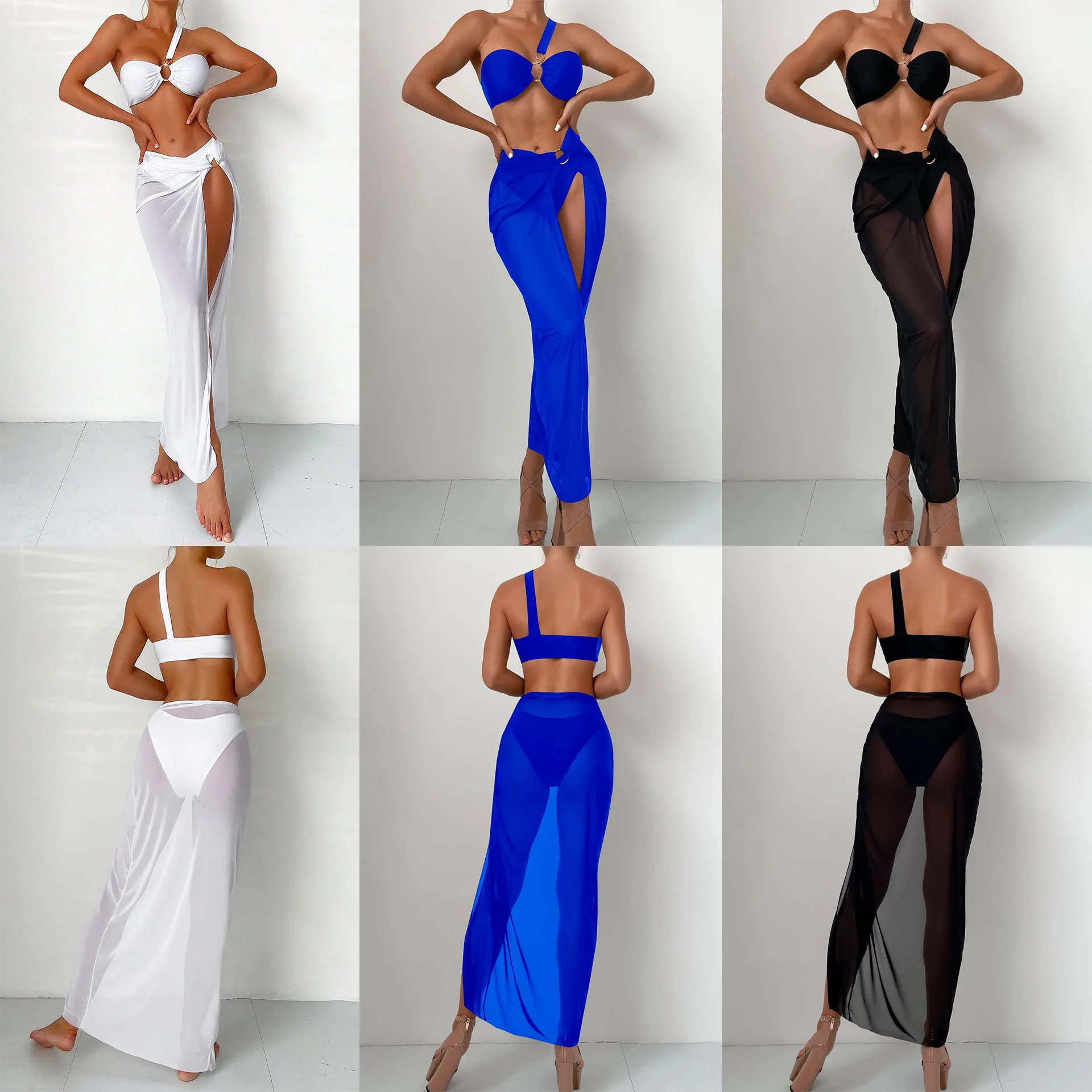 Women's Spice Girl Style One-Shoulder Swimsuit, Split Bikini, Long Skirt, Monochromatic, New, 3-Piece