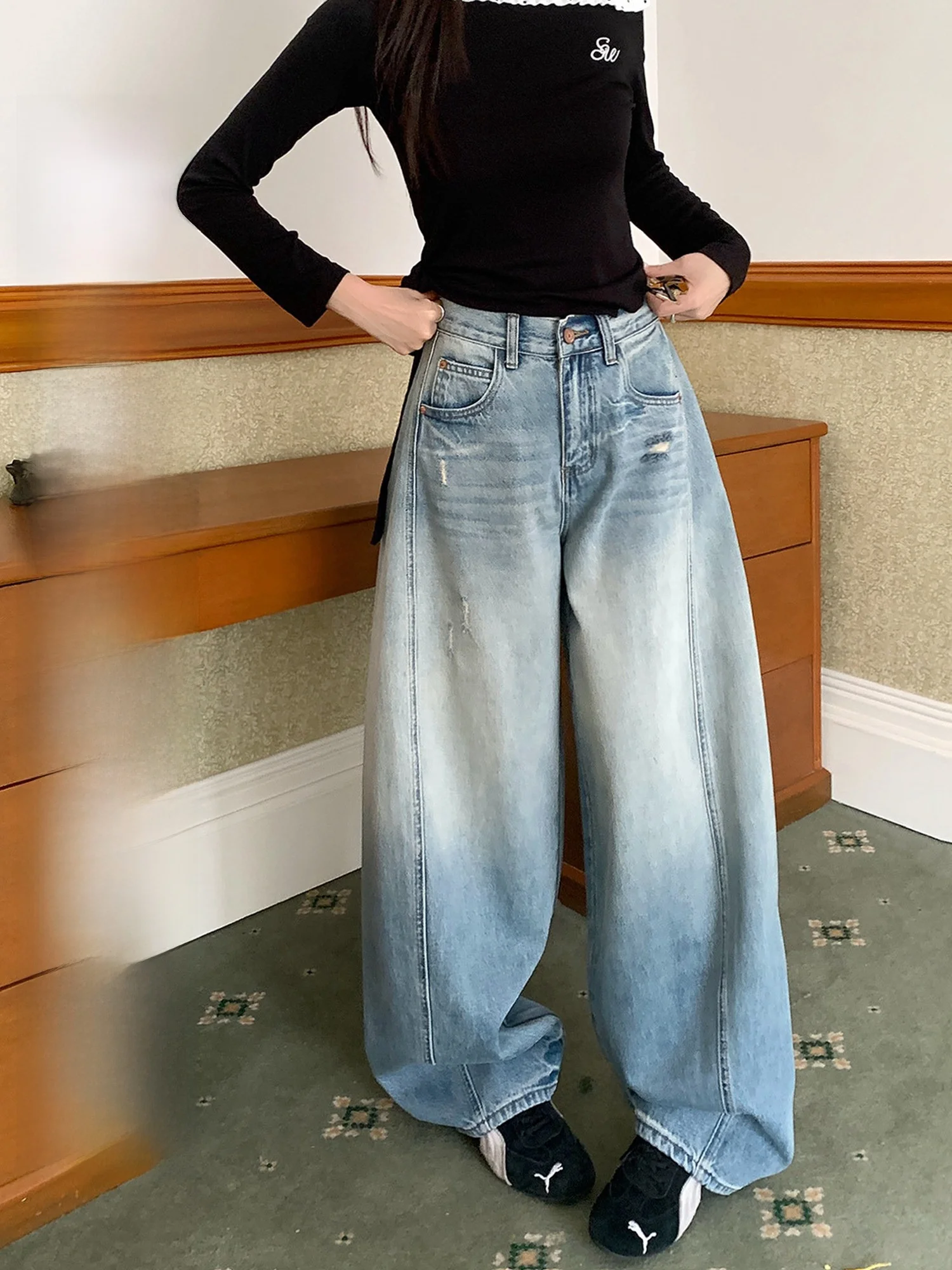 

American Style Retro Wide Leg Denim Jeans Women's Spring New plus Size Hole High Waist Loose Slimming Knife Pants