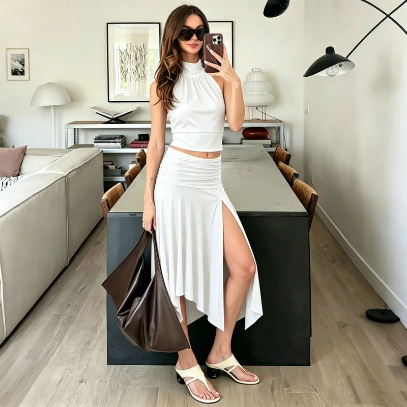 Hugcitar Modischer, hoch taillierter, geraffter Rock mit Schlitz und Knöpfen, sexy, plissiert, unregelmäßig, Midirock, Sommer-Outfit für Damen, Streetwear, Party, Urlaub – Detail 12