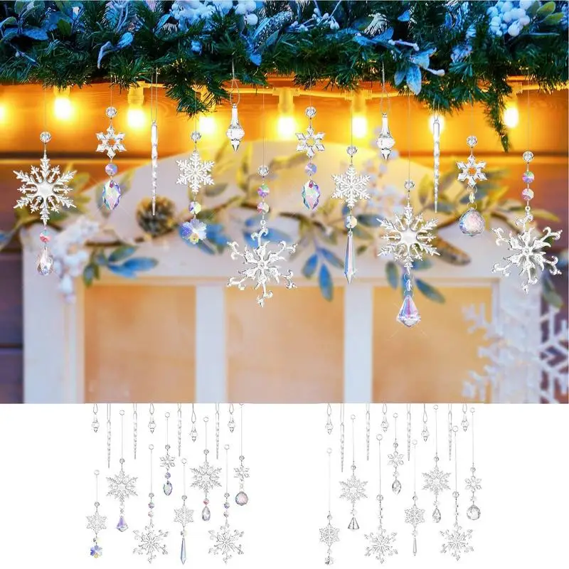 Crystal Christmas Tree Icicles Decorations 16pcs Acrylic Clear Snowflake Icicle Crystal Transparent Christmas Icicle Ornaments