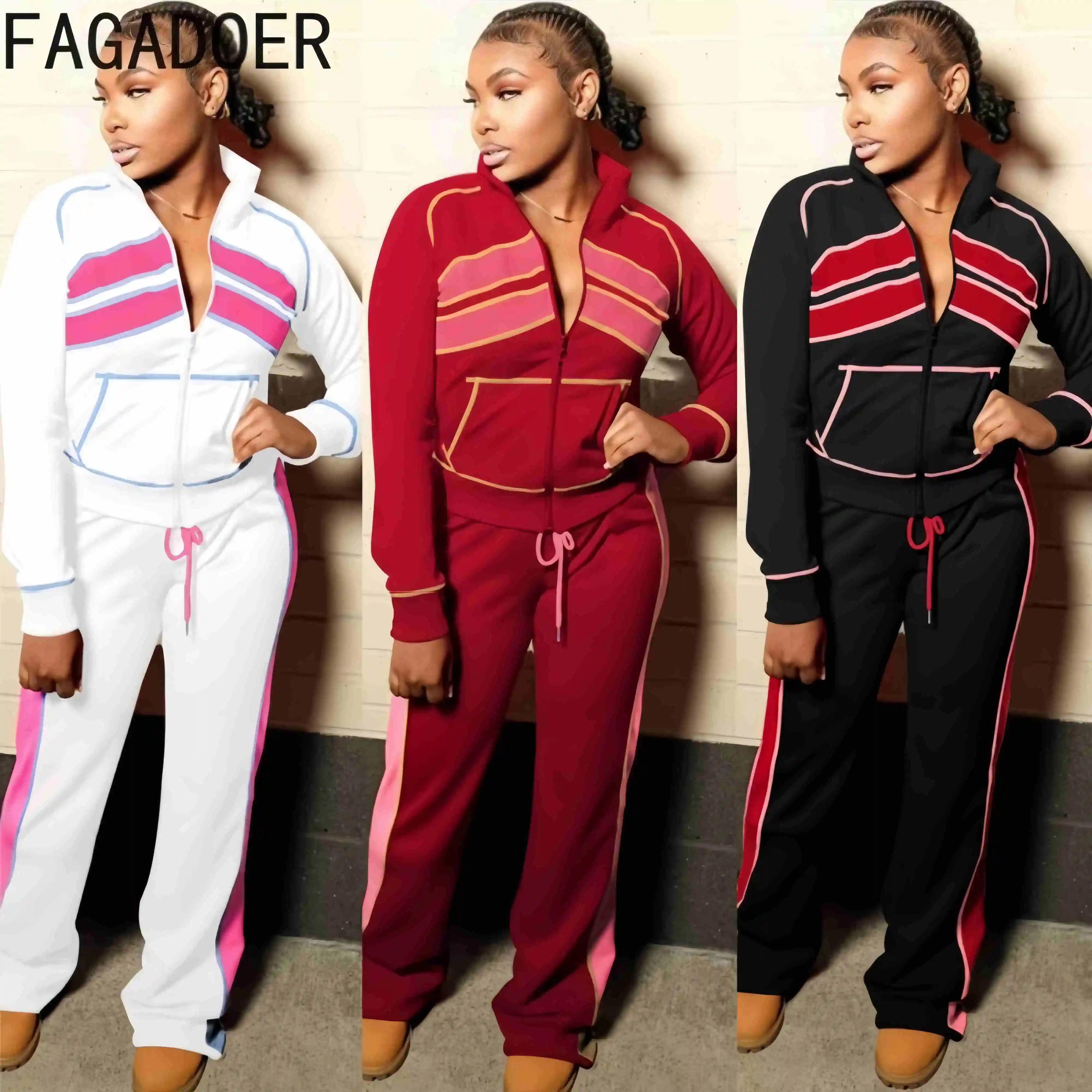 FAGADOER Autumn New Fashion Sport Woman 2 Piece Set Outfit Stripe Patchwork Zipper Crop Jacket and Pants Tracksuits Streetwear