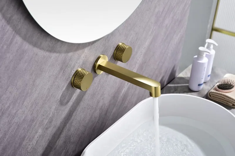Premium All-copper Brushed Golden Gun Grey Basin Mixer Tap Recessed Bathroom Sink Faucet Hot/Cold water Art Design Wall Mounted