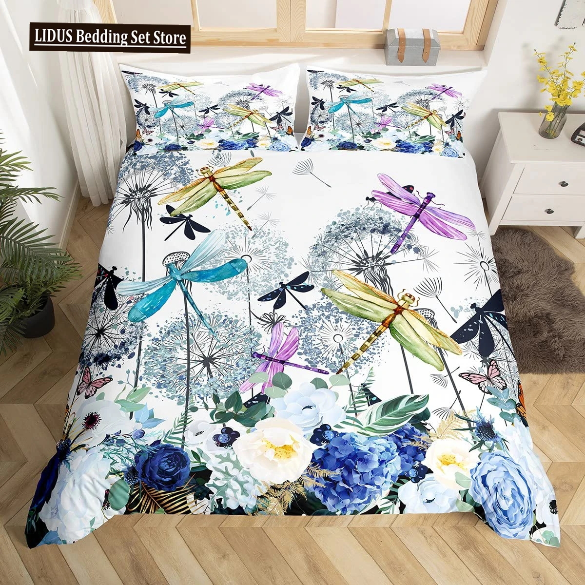 

Butterfly Dragonflies Duvet Cover Set Dandelion Bedding Set Dragonfly Gift For Women Girl,Flowers Botanical Weed Comforter Cover